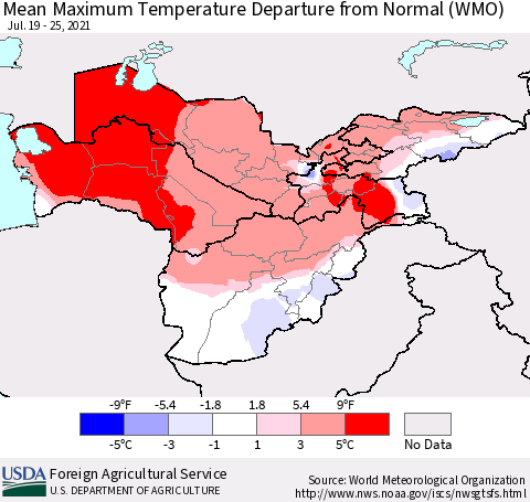 Central Asia Mean Maximum Temperature Departure from Normal (WMO) Thematic Map For 7/19/2021 - 7/25/2021