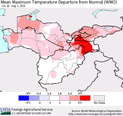 Central Asia Mean Maximum Temperature Departure from Normal (WMO) Thematic Map For 7/26/2021 - 8/1/2021