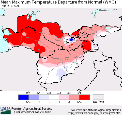Central Asia Mean Maximum Temperature Departure from Normal (WMO) Thematic Map For 8/2/2021 - 8/8/2021