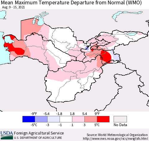 Central Asia Mean Maximum Temperature Departure from Normal (WMO) Thematic Map For 8/9/2021 - 8/15/2021