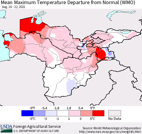 Central Asia Mean Maximum Temperature Departure from Normal (WMO) Thematic Map For 8/16/2021 - 8/22/2021