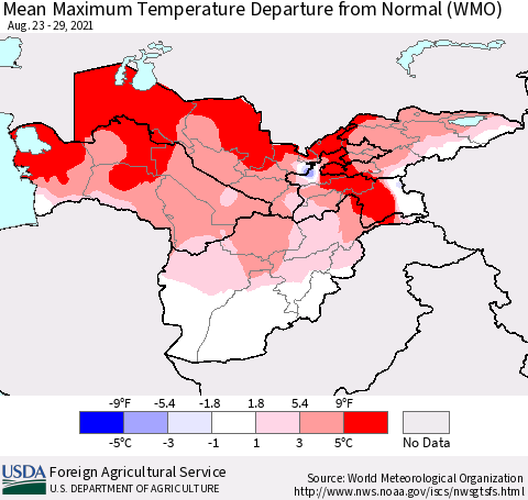 Central Asia Mean Maximum Temperature Departure from Normal (WMO) Thematic Map For 8/23/2021 - 8/29/2021
