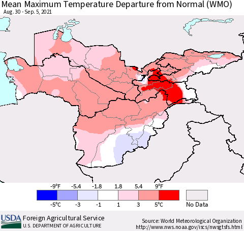 Central Asia Mean Maximum Temperature Departure from Normal (WMO) Thematic Map For 8/30/2021 - 9/5/2021