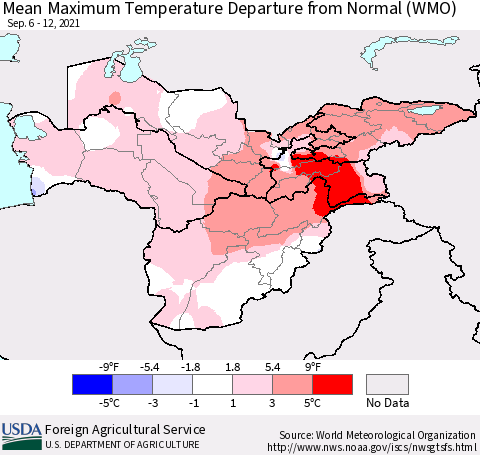 Central Asia Mean Maximum Temperature Departure from Normal (WMO) Thematic Map For 9/6/2021 - 9/12/2021