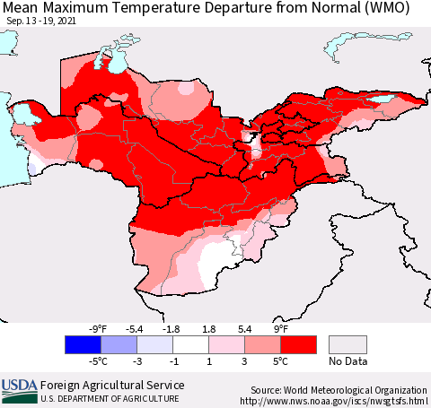 Central Asia Mean Maximum Temperature Departure from Normal (WMO) Thematic Map For 9/13/2021 - 9/19/2021