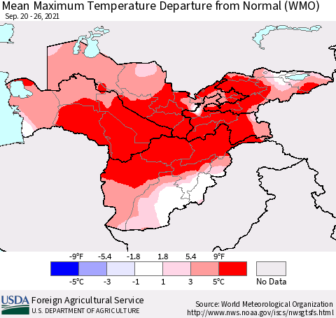 Central Asia Mean Maximum Temperature Departure from Normal (WMO) Thematic Map For 9/20/2021 - 9/26/2021