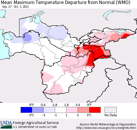 Central Asia Mean Maximum Temperature Departure from Normal (WMO) Thematic Map For 9/27/2021 - 10/3/2021