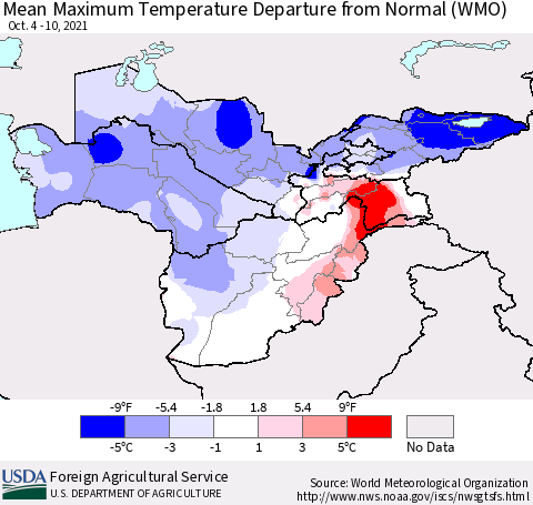 Central Asia Mean Maximum Temperature Departure from Normal (WMO) Thematic Map For 10/4/2021 - 10/10/2021