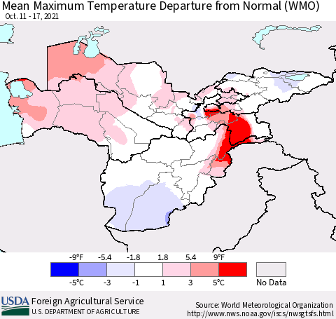 Central Asia Mean Maximum Temperature Departure from Normal (WMO) Thematic Map For 10/11/2021 - 10/17/2021