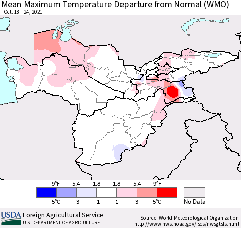 Central Asia Mean Maximum Temperature Departure from Normal (WMO) Thematic Map For 10/18/2021 - 10/24/2021
