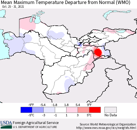 Central Asia Mean Maximum Temperature Departure from Normal (WMO) Thematic Map For 10/25/2021 - 10/31/2021