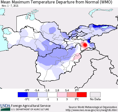 Central Asia Mean Maximum Temperature Departure from Normal (WMO) Thematic Map For 11/1/2021 - 11/7/2021