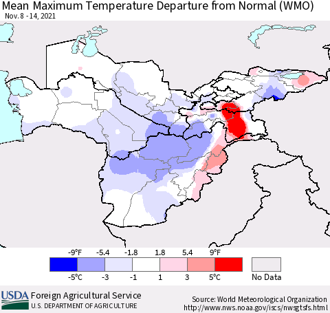 Central Asia Mean Maximum Temperature Departure from Normal (WMO) Thematic Map For 11/8/2021 - 11/14/2021