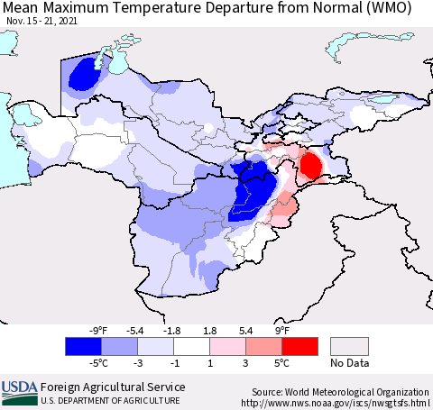 Central Asia Mean Maximum Temperature Departure from Normal (WMO) Thematic Map For 11/15/2021 - 11/21/2021
