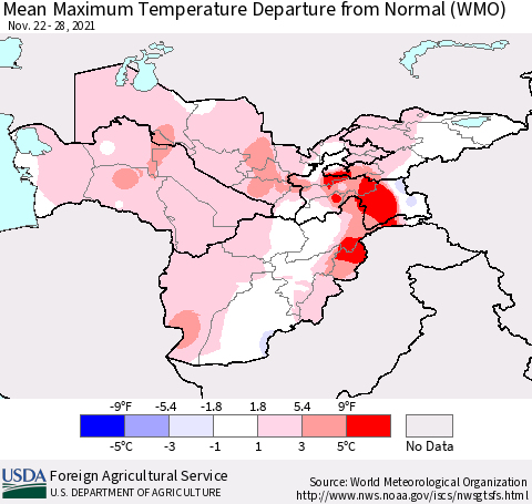 Central Asia Mean Maximum Temperature Departure from Normal (WMO) Thematic Map For 11/22/2021 - 11/28/2021