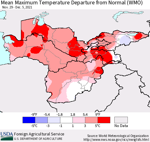 Central Asia Mean Maximum Temperature Departure from Normal (WMO) Thematic Map For 11/29/2021 - 12/5/2021