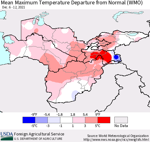 Central Asia Mean Maximum Temperature Departure from Normal (WMO) Thematic Map For 12/6/2021 - 12/12/2021