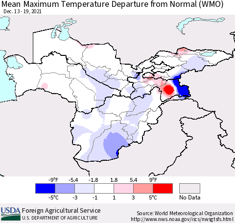 Central Asia Mean Maximum Temperature Departure from Normal (WMO) Thematic Map For 12/13/2021 - 12/19/2021
