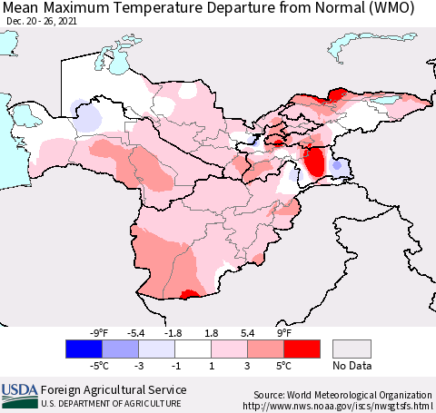 Central Asia Mean Maximum Temperature Departure from Normal (WMO) Thematic Map For 12/20/2021 - 12/26/2021