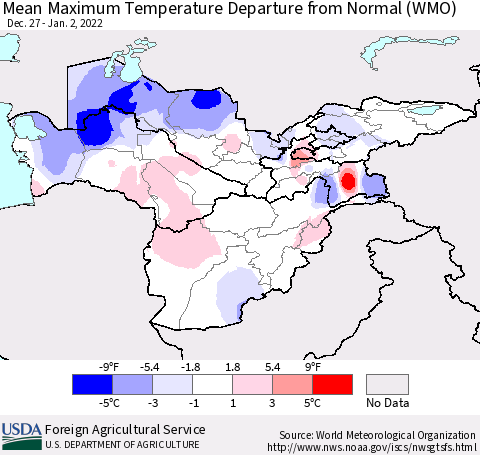 Central Asia Mean Maximum Temperature Departure from Normal (WMO) Thematic Map For 12/27/2021 - 1/2/2022