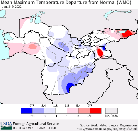 Central Asia Mean Maximum Temperature Departure from Normal (WMO) Thematic Map For 1/3/2022 - 1/9/2022