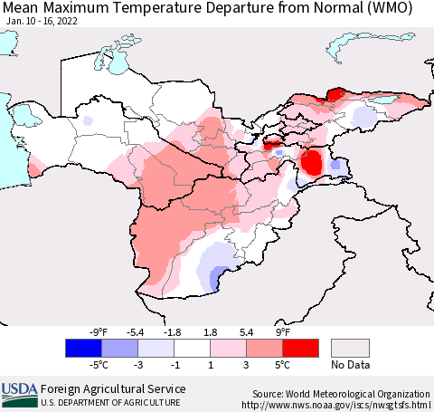Central Asia Mean Maximum Temperature Departure from Normal (WMO) Thematic Map For 1/10/2022 - 1/16/2022