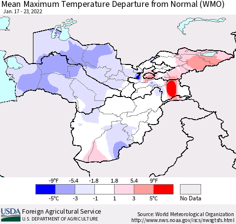 Central Asia Mean Maximum Temperature Departure from Normal (WMO) Thematic Map For 1/17/2022 - 1/23/2022