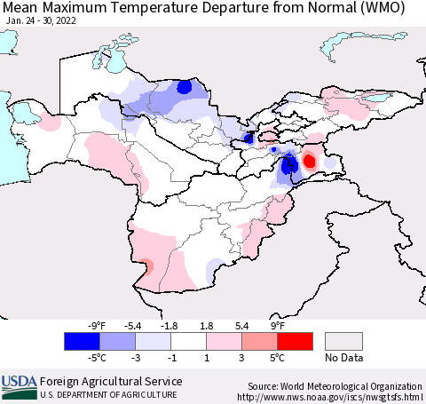 Central Asia Mean Maximum Temperature Departure from Normal (WMO) Thematic Map For 1/24/2022 - 1/30/2022
