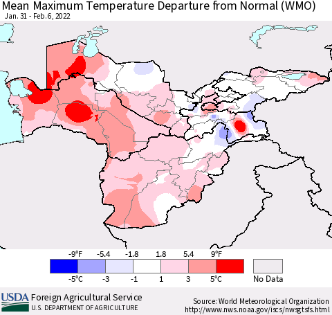 Central Asia Mean Maximum Temperature Departure from Normal (WMO) Thematic Map For 1/31/2022 - 2/6/2022