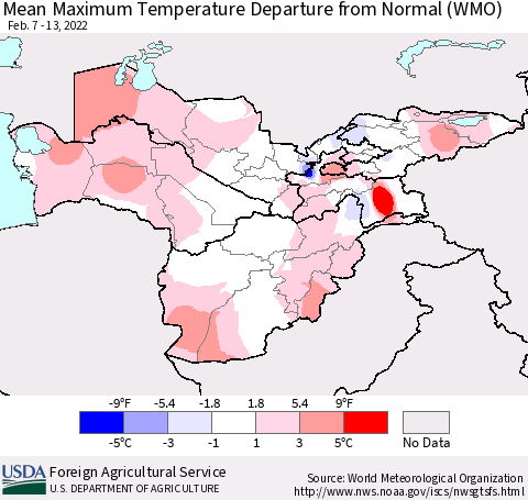 Central Asia Mean Maximum Temperature Departure from Normal (WMO) Thematic Map For 2/7/2022 - 2/13/2022