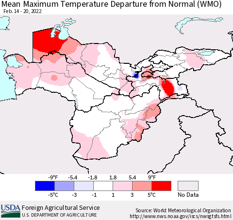 Central Asia Mean Maximum Temperature Departure from Normal (WMO) Thematic Map For 2/14/2022 - 2/20/2022