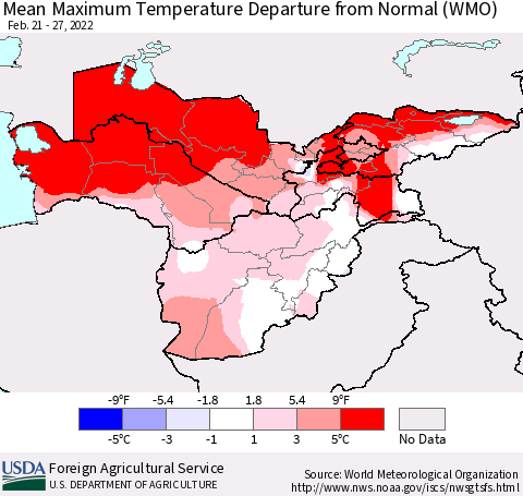 Central Asia Mean Maximum Temperature Departure from Normal (WMO) Thematic Map For 2/21/2022 - 2/27/2022