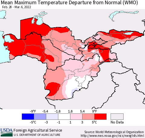 Central Asia Mean Maximum Temperature Departure from Normal (WMO) Thematic Map For 2/28/2022 - 3/6/2022