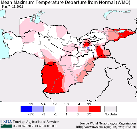 Central Asia Mean Maximum Temperature Departure from Normal (WMO) Thematic Map For 3/7/2022 - 3/13/2022