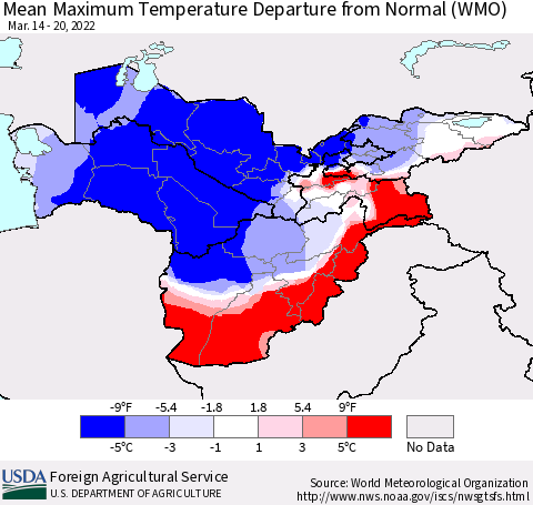 Central Asia Mean Maximum Temperature Departure from Normal (WMO) Thematic Map For 3/14/2022 - 3/20/2022