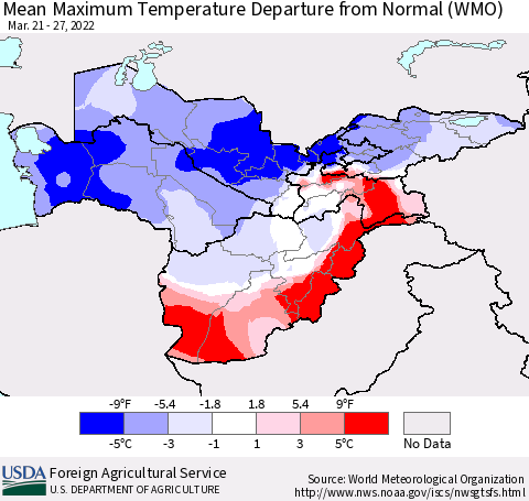 Central Asia Mean Maximum Temperature Departure from Normal (WMO) Thematic Map For 3/21/2022 - 3/27/2022