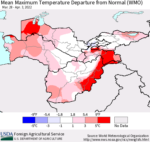 Central Asia Mean Maximum Temperature Departure from Normal (WMO) Thematic Map For 3/28/2022 - 4/3/2022