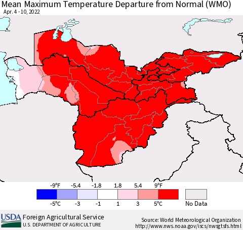 Central Asia Mean Maximum Temperature Departure from Normal (WMO) Thematic Map For 4/4/2022 - 4/10/2022