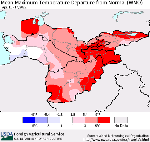 Central Asia Mean Maximum Temperature Departure from Normal (WMO) Thematic Map For 4/11/2022 - 4/17/2022