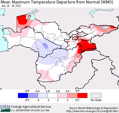 Central Asia Mean Maximum Temperature Departure from Normal (WMO) Thematic Map For 4/18/2022 - 4/24/2022