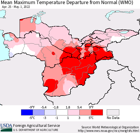 Central Asia Mean Maximum Temperature Departure from Normal (WMO) Thematic Map For 4/25/2022 - 5/1/2022