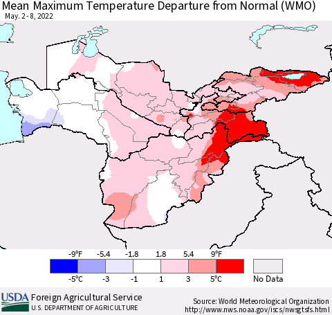Central Asia Mean Maximum Temperature Departure from Normal (WMO) Thematic Map For 5/2/2022 - 5/8/2022
