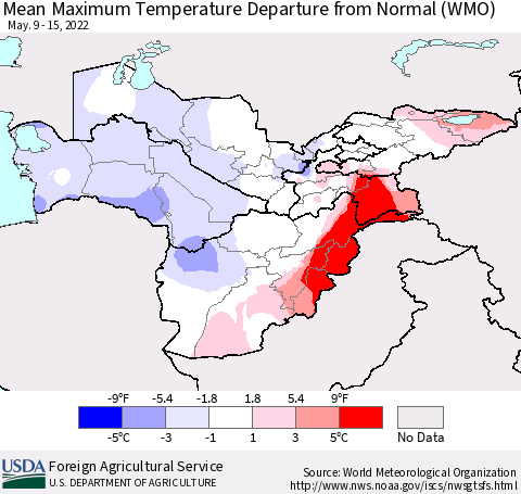 Central Asia Mean Maximum Temperature Departure from Normal (WMO) Thematic Map For 5/9/2022 - 5/15/2022