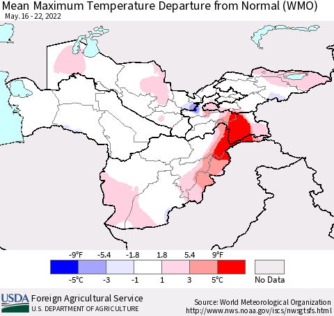 Central Asia Mean Maximum Temperature Departure from Normal (WMO) Thematic Map For 5/16/2022 - 5/22/2022
