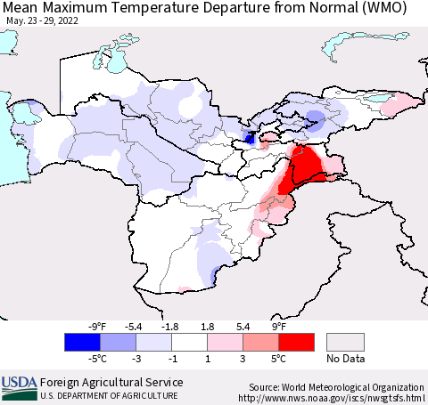 Central Asia Mean Maximum Temperature Departure from Normal (WMO) Thematic Map For 5/23/2022 - 5/29/2022