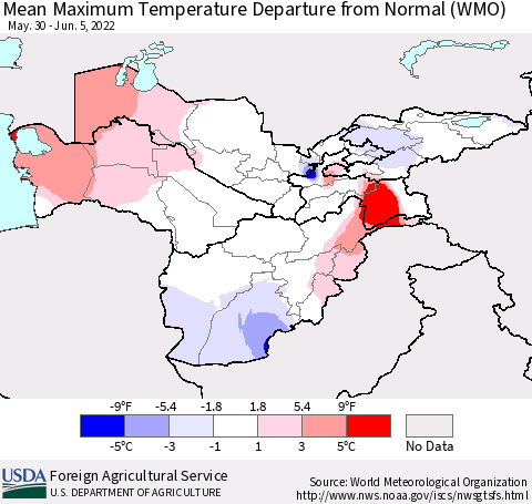 Central Asia Mean Maximum Temperature Departure from Normal (WMO) Thematic Map For 5/30/2022 - 6/5/2022