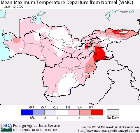 Central Asia Mean Maximum Temperature Departure from Normal (WMO) Thematic Map For 6/6/2022 - 6/12/2022
