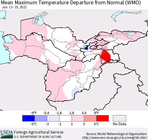 Central Asia Mean Maximum Temperature Departure from Normal (WMO) Thematic Map For 6/13/2022 - 6/19/2022