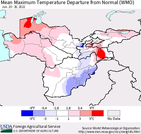 Central Asia Mean Maximum Temperature Departure from Normal (WMO) Thematic Map For 6/20/2022 - 6/26/2022