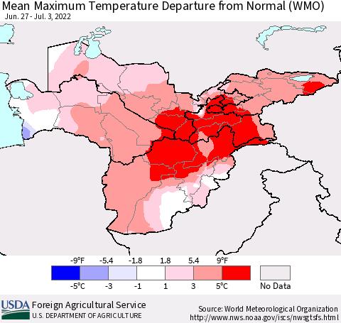 Central Asia Mean Maximum Temperature Departure from Normal (WMO) Thematic Map For 6/27/2022 - 7/3/2022